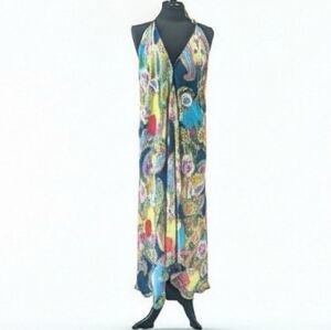 Zuny OS Sheer Swim Cover Blue and Purple Ruched Tie Front Halter Maxi Dress